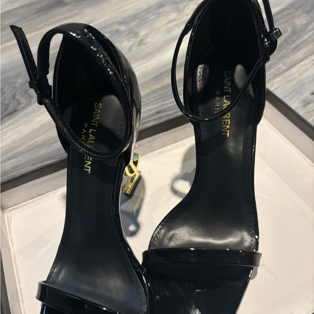 Saint Laurent Glossy Black Heels with Gold Monogram Heel - Picture 3 of 3